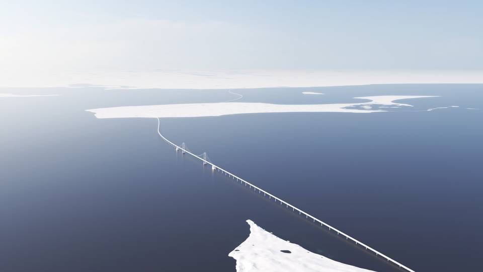 Sådan kan en broforbindelse fra Røsnæs ved Kalundborg til Samsø se ud, hvis en fast forbindelse over Kattegat besluttes og dermed bringer Jylland og Sjælland tættere sammen. Også korridorer via det sydligere Asnæs undersøges. | Foto: PR-visualisering: Sund & Bælt