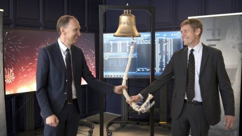 Adm. direktør Morten Albrechtsen (th.) og forskningschef Andreas Kjær (tv.) i Fluoguide ved børsnoteringen på Spotlight den 7. maj 2019 | Foto: Fluoguide / PR