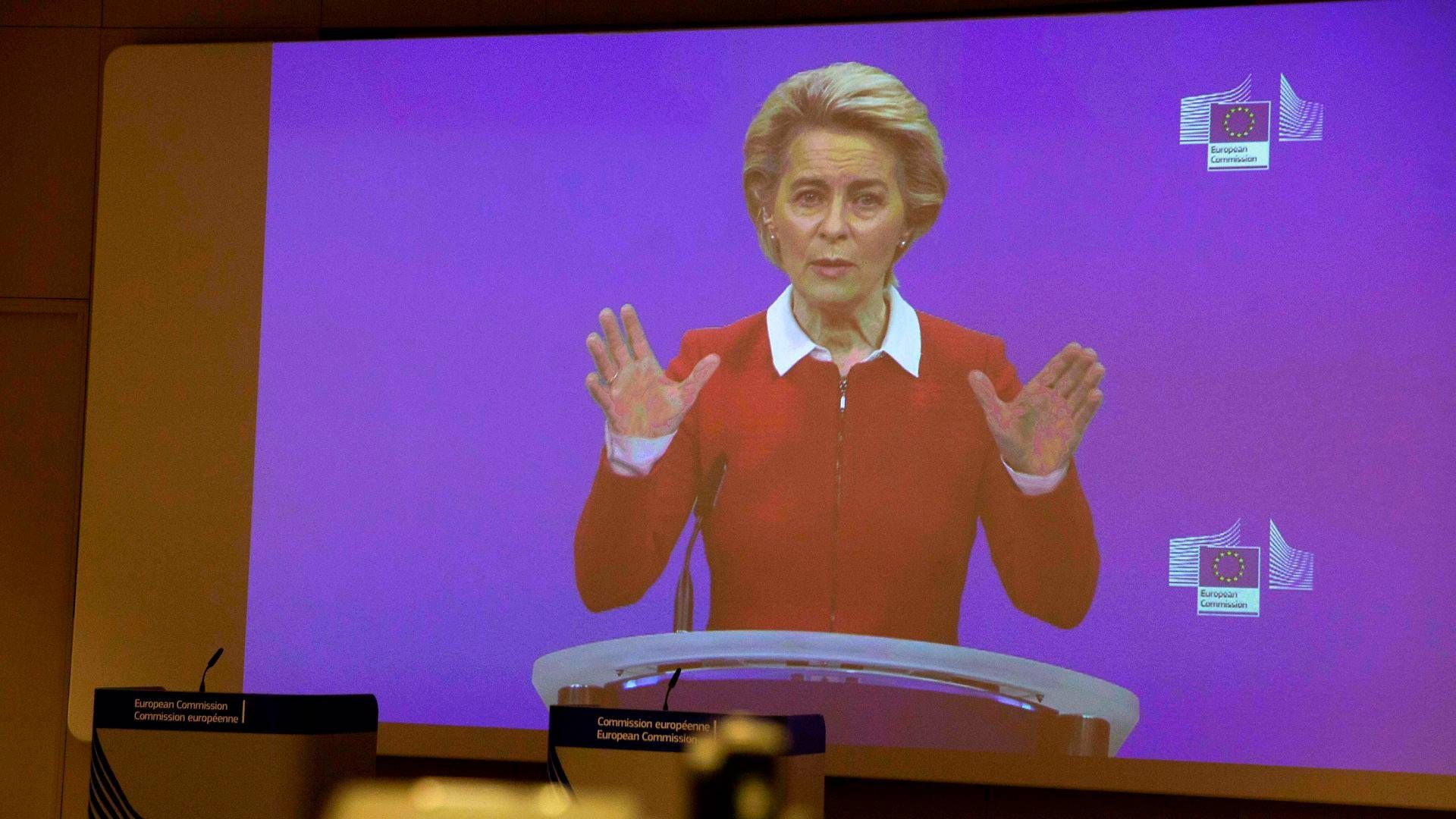 EU-Kommissionens formand, Ursula von der Leyen, på videolink under onsdagens pressemøde, hvor hun - igen - opfordrer EU-landene til at arbejde bedre sammen. | Foto: Virginia Mayo/AFP/Ritzau Scanpix