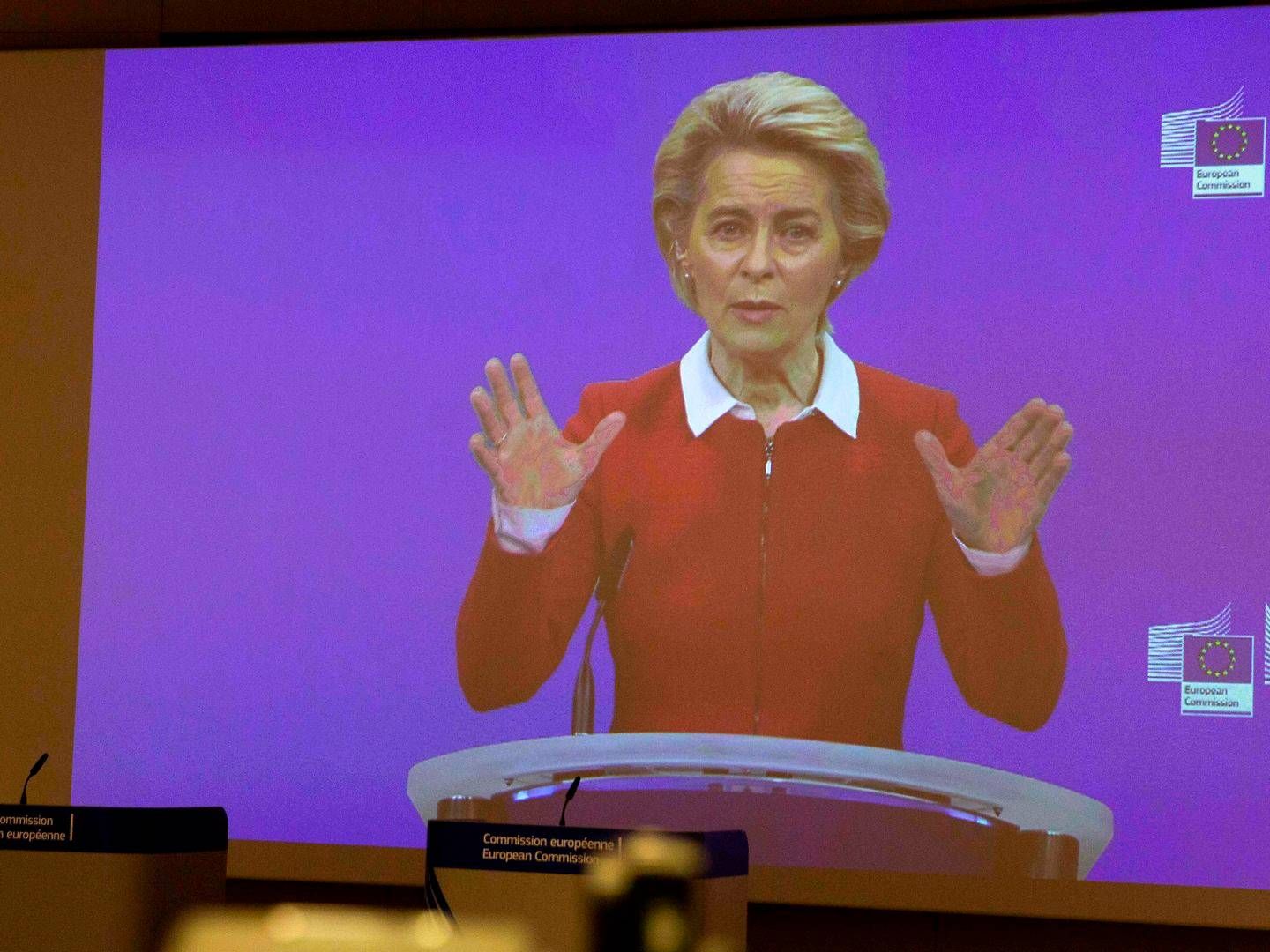 EU-Kommissionens formand, Ursula von der Leyen, på videolink under onsdagens pressemøde, hvor hun - igen - opfordrer EU-landene til at arbejde bedre sammen. | Foto: Virginia Mayo/AFP/Ritzau Scanpix