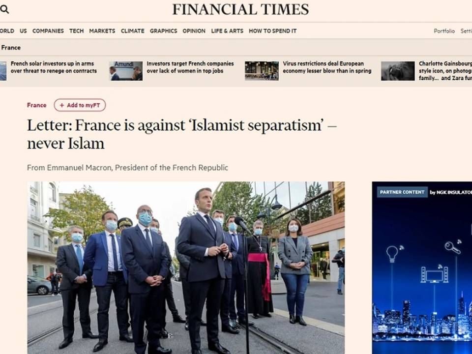 Den franske præsident Emanuelle Macrons indlæg i Financial Times har sat gang i debatten om, om medier i EU læner sig for meget op ad EU-dækningen i medier, der ikke har hjemme i EU | Foto: Screenshot/Financial Times