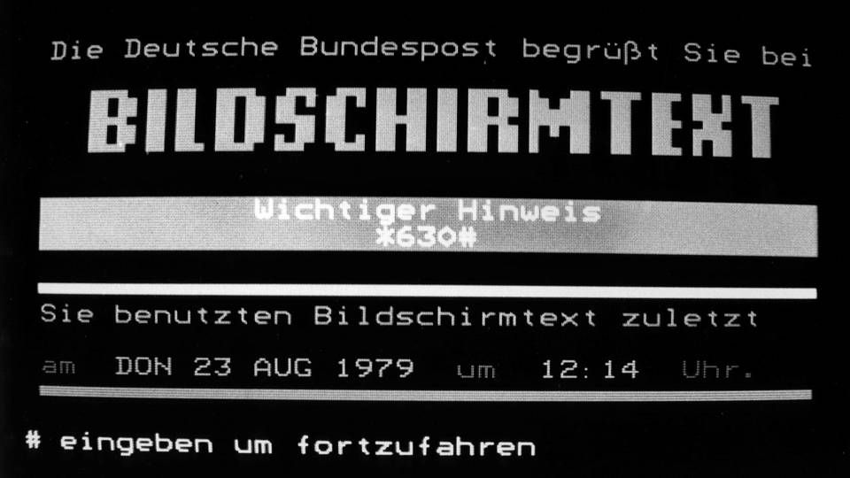 Das Eröffnungsbild von "Bildschirmtext", der von der Deutschen Bundespost angeboten wurde. Aufnahme vom August 1979. | Foto: dpa