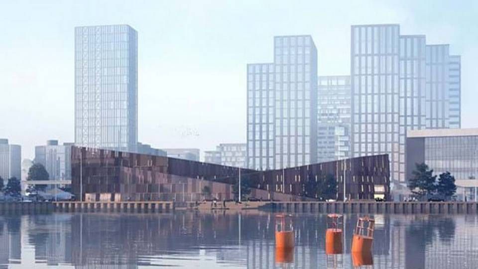 Det kommende parkeringshus med sine karakteriske skrå linjer kommer til at ligge tæt på Jyllands-Postens hovedsæde til højre i billedet. | Foto: PR-visualisering