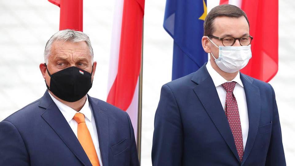 Den ungarnske premierminister Viktor Orban og hans polske kollega Mateusz Morawiecki er i meget lav kurs hos deres europæiske kolleger, som de skal holde videokonferece med i aften. | Foto: Czarek Sokolowski/AP/Ritzau Scanpix