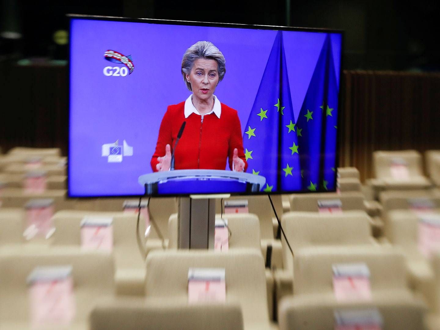 Det var under et virtuelt pressemøde fredag, som egentlig omhandlede søndages G20-topmøde, at Ursula von der Leyen luftede positive toner omkring en fremtidig aftale mellem EU og Storbritannien. | Foto: Pool/Reuters/Ritzau Scanpix