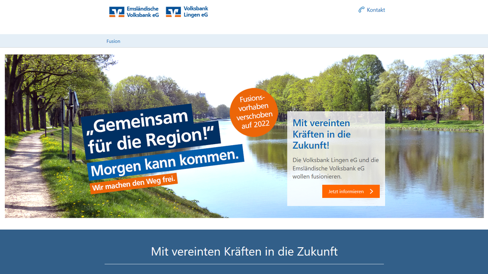 Übermorgen kann kommen: Screenshot der Website, die für die Fusion wirbt. | Foto: Emsländische Volksbank / Volksbank Lingen