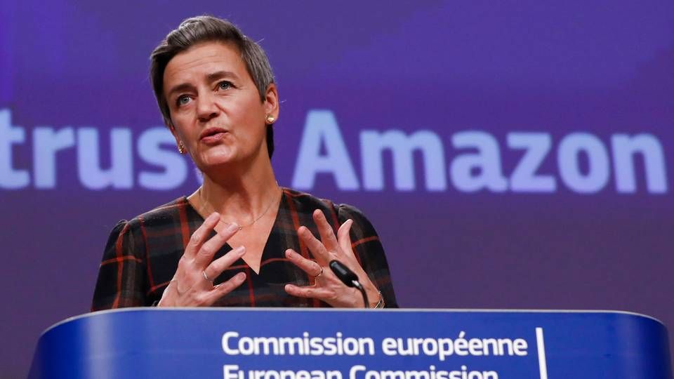 EU's konkurrencekommissær, Margrethe Vestager, der også har ansvaret for den digitale dagsorden i Kommissionen, da hun i november officielt indledte en sag mod Amazon for at misbruge sin markedsdominans. Tirsdag præsenterer hun Kommissionens forslag til hårdere regulering af techgiganterne. | Foto: Olivier Hoslet/AP/Ritzau Scanpix