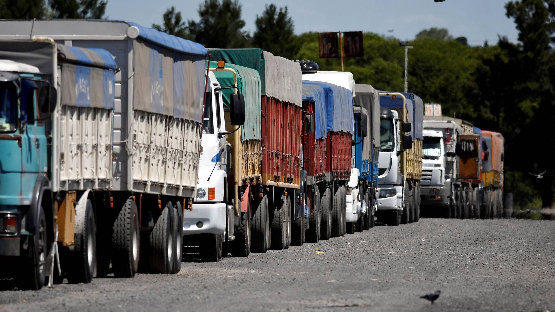 Lastbiler holder i kø ved havnen i Rosario, Argentina. | Foto: Stringer/Reuters/Ritzau Scanpix