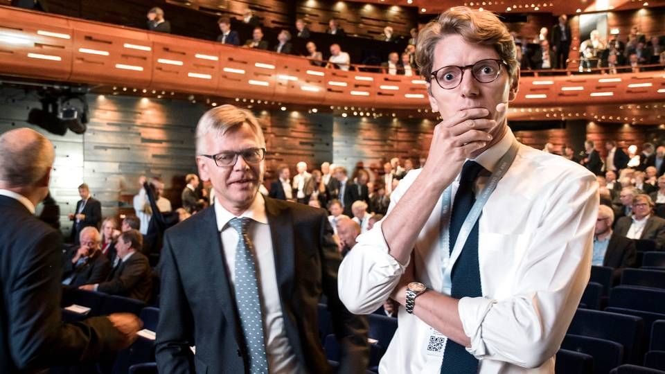 Karsten Dybvad (t.v.) skal have arbejdsro i Danske Bank, mener Robert Mærsk Uggla (t.h.) | Foto: Lars Krabbe/Jyllands-Posten/Ritzau Scanpix