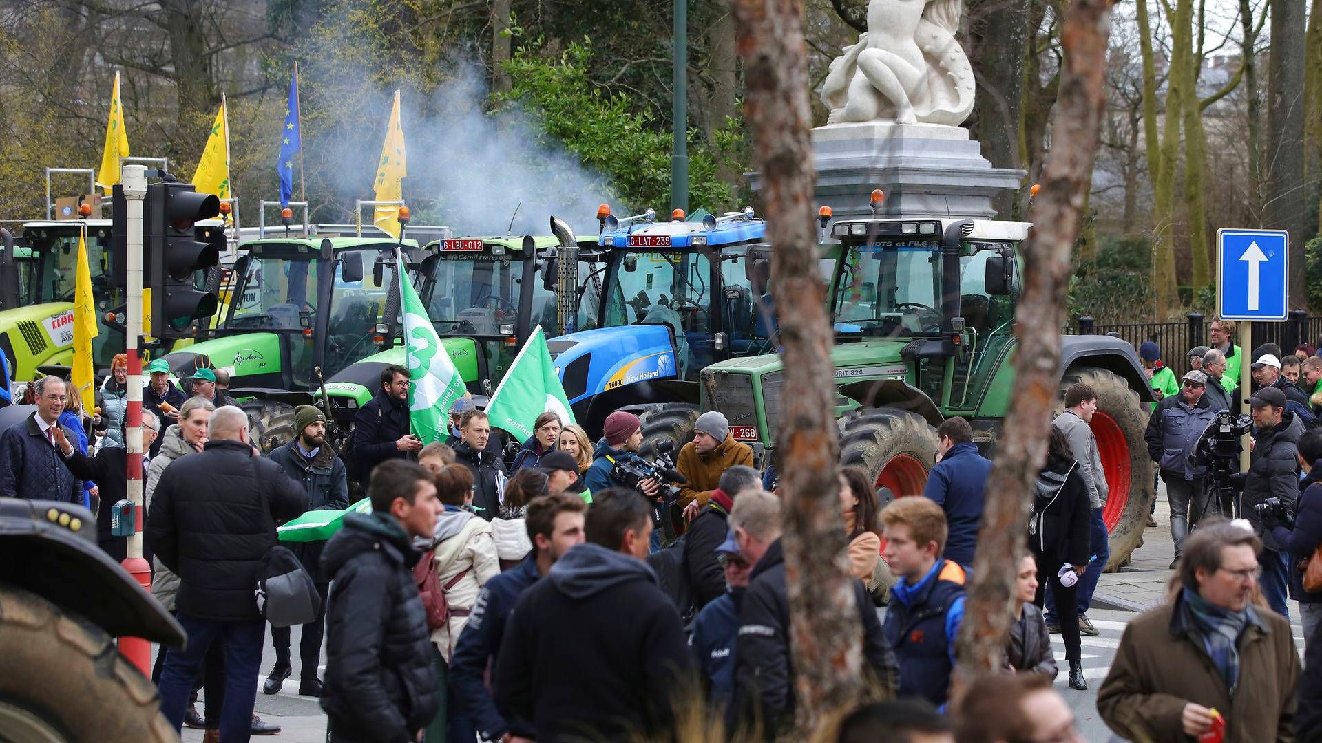 Det plejer at udløse demonstrationer i Bruxelles, når der pilles for meget ved landmændenes direkte støtte. I øjeblikket forhandles der om, hvor meget af støtten, der skal øremærkes til klima- og miljøtiltag. (Arkivfoto) | Foto: Olivier Matthys/AP/Ritzau Scanpix