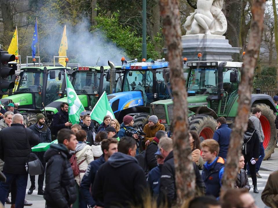 Det plejer at udløse demonstrationer i Bruxelles, når der pilles for meget ved landmændenes direkte støtte. I øjeblikket forhandles der om, hvor meget af støtten, der skal øremærkes til klima- og miljøtiltag. (Arkivfoto) | Foto: Olivier Matthys/AP/Ritzau Scanpix