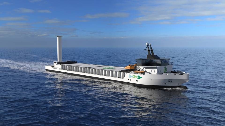 Sådan kan verdens første CO2-frie tørlastskib komme til at se ud. | Foto: Illustrasjon Vard