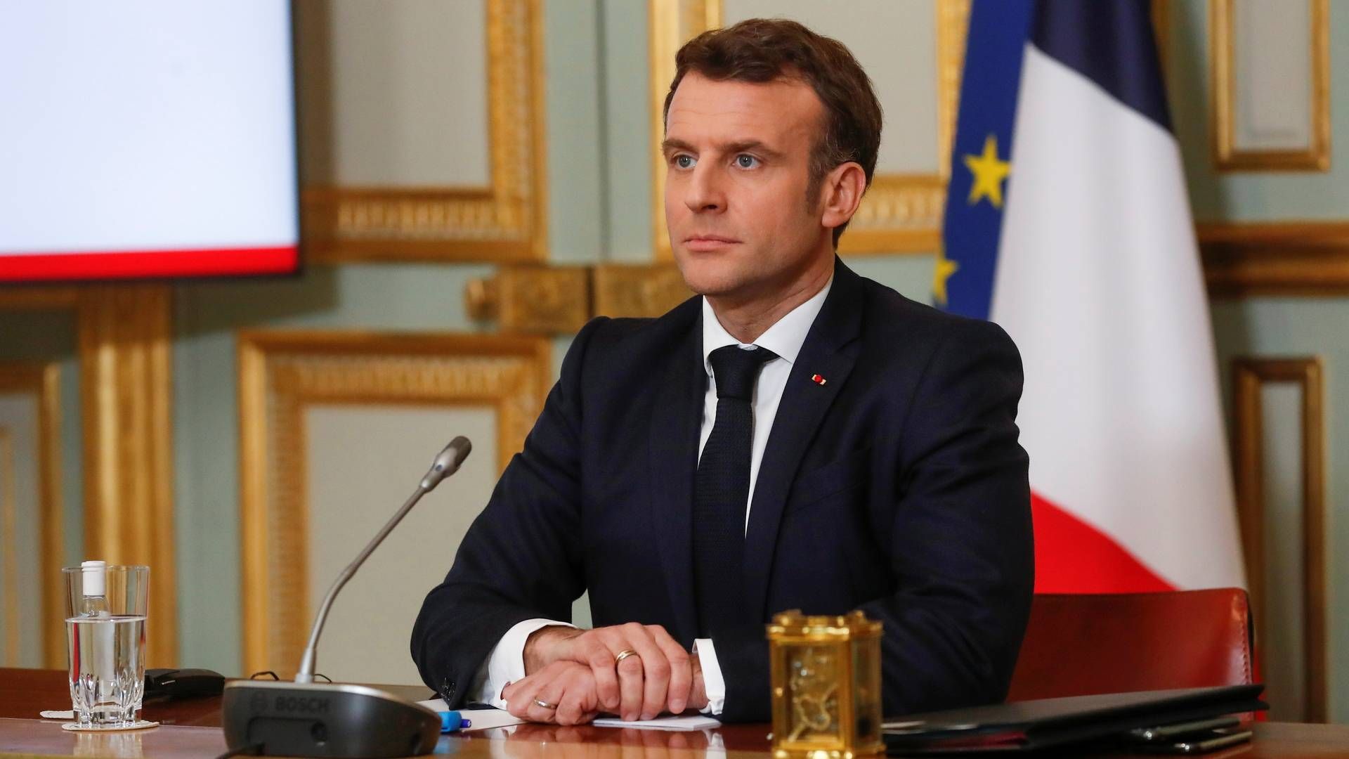 Den fanske præsident Emmanuel Macron deltog i G7-mødet, der foregik online 19. fabruar 2021. | Foto: POOL/REUTERS / X80003