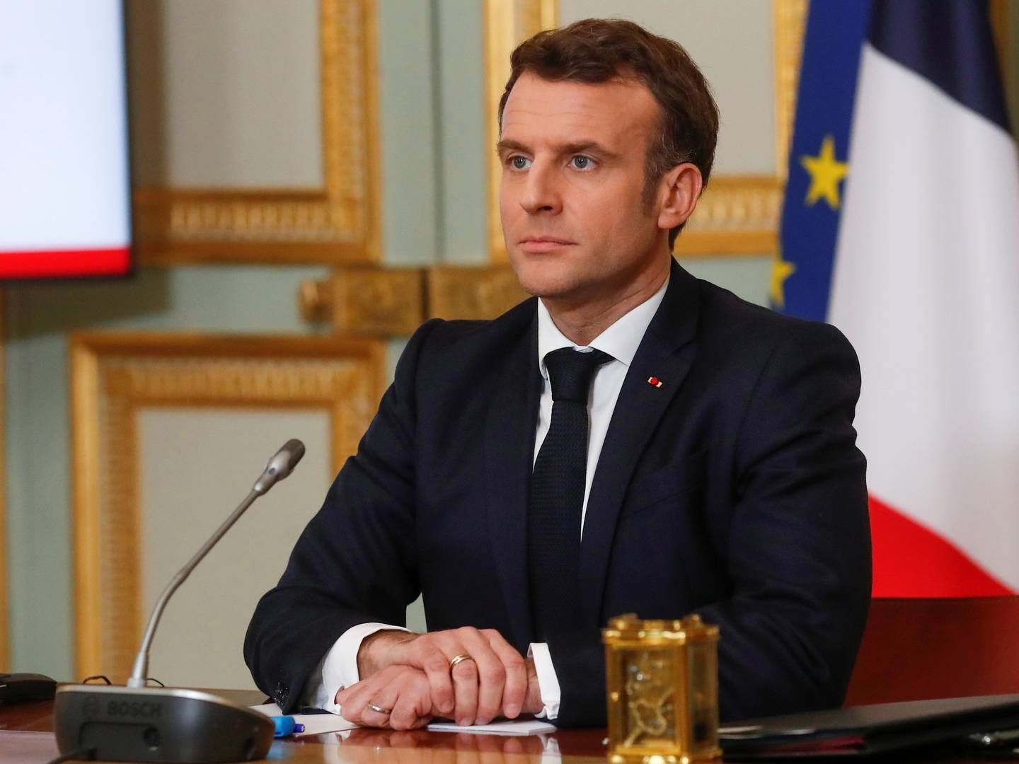 Den fanske præsident Emmanuel Macron deltog i G7-mødet, der foregik online 19. fabruar 2021. | Foto: POOL/REUTERS / X80003