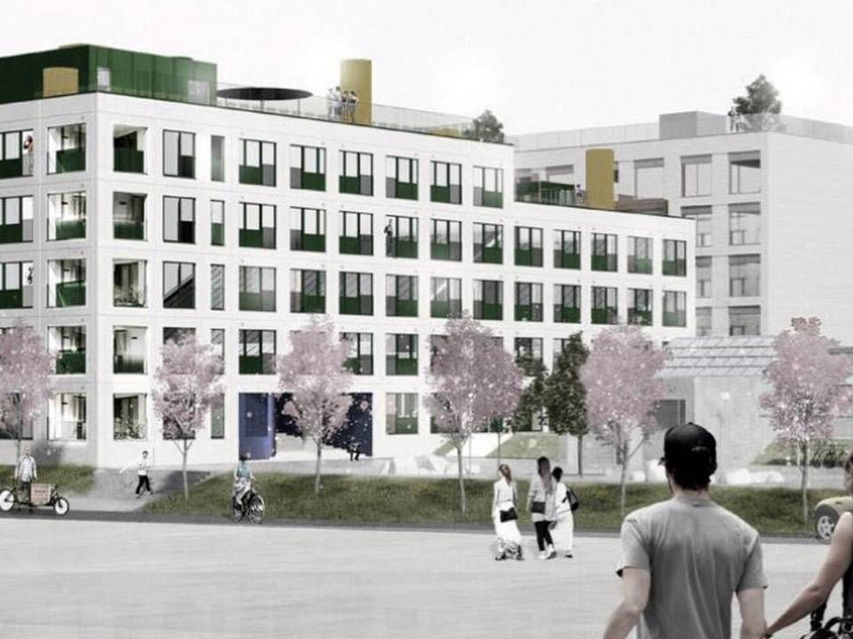 De kommende ungdomsboliger i Aarhus Nord, Journalisten, opkaldt efter Journalisthøjskolen, hvis gamle bygninger anes til højre i billedet. | Foto: PR-visualisering: Sleth Arkitekter
