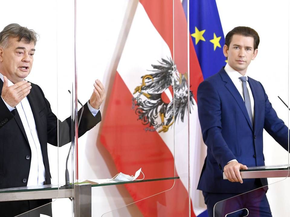 Werner Kogler (t.v.) vicekansler i Østrig og kansler Sebastian Kurz (t.h.) er enige om, at Østrig ikke vil underskrive handelsaftalen mellem EU og Mercosur-landene, skriver Werner Kogler i et brev til det portugisiske EU-formandskab. (Arkivfoto). | Foto: Pool/Reuters/Ritzau Scanpix