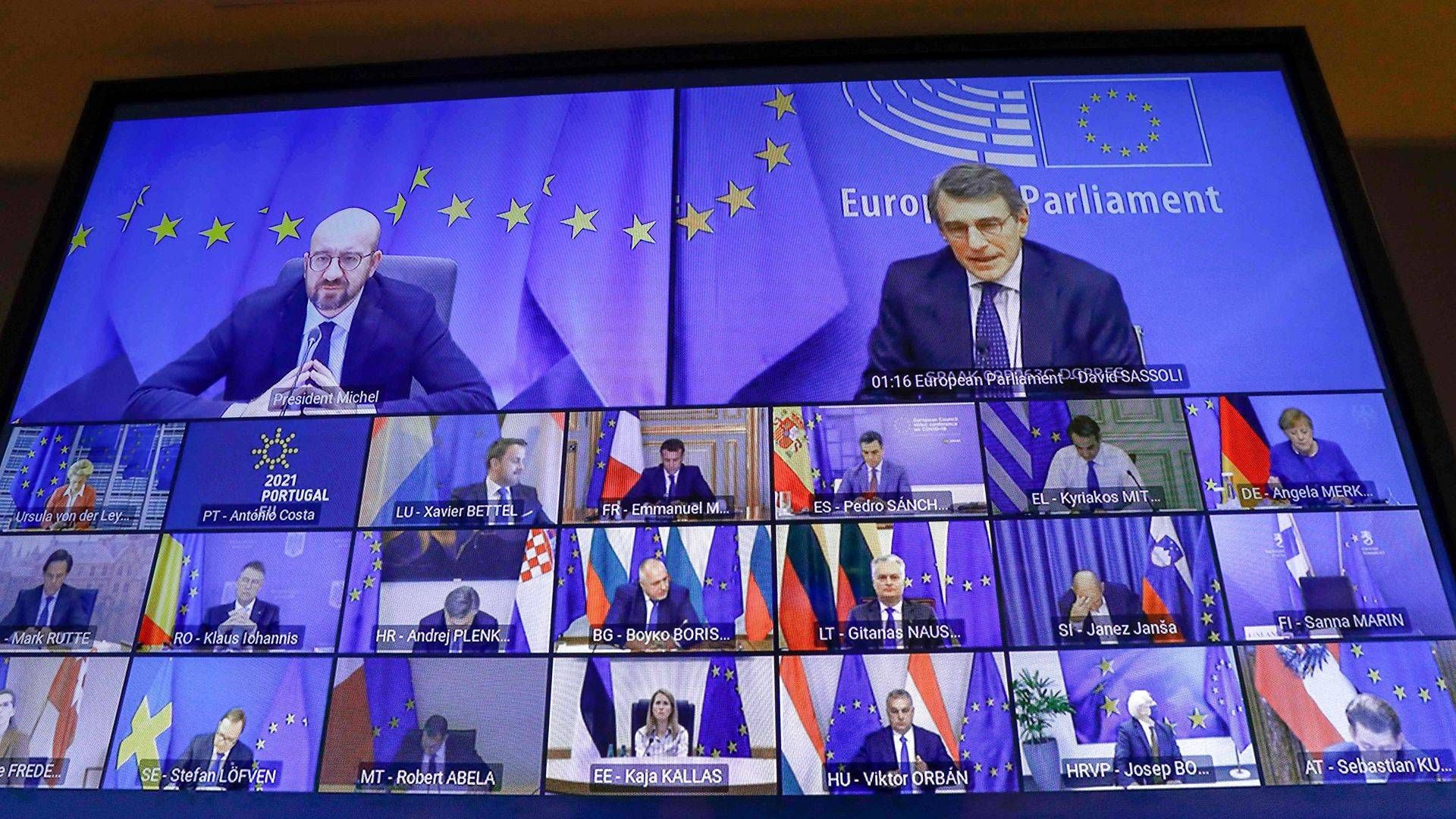 Coronasituationen i Europa, hvor en tredje bølge nu er en realitet holder atter en gang EU's stats- og regeringsledere bag skærmene, når de skal diskutere EU-politik. | Foto: Olivier Hoslet/AFP/Ritzau Scanpix