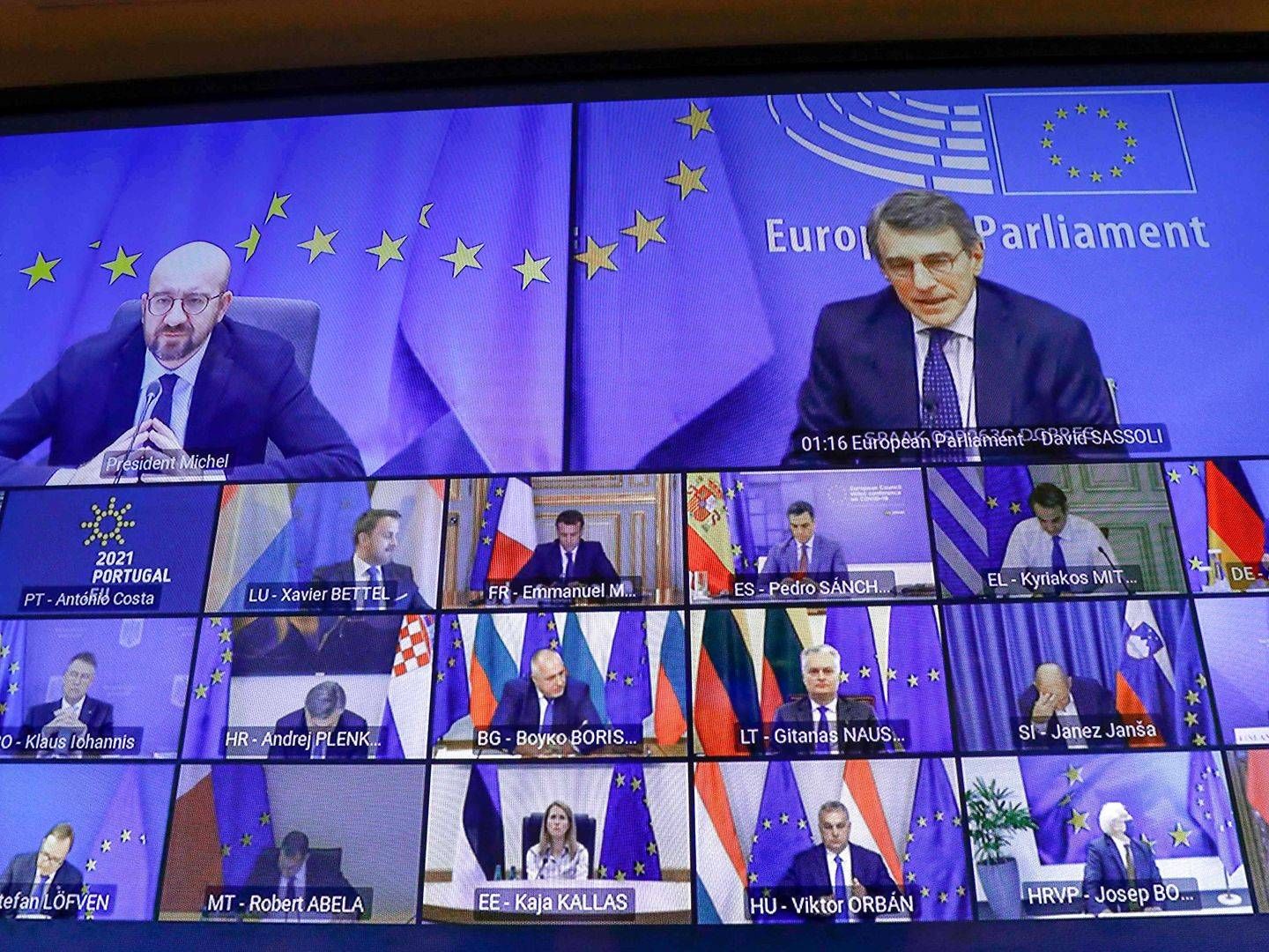 Coronasituationen i Europa, hvor en tredje bølge nu er en realitet holder atter en gang EU's stats- og regeringsledere bag skærmene, når de skal diskutere EU-politik. | Foto: Olivier Hoslet/AFP/Ritzau Scanpix