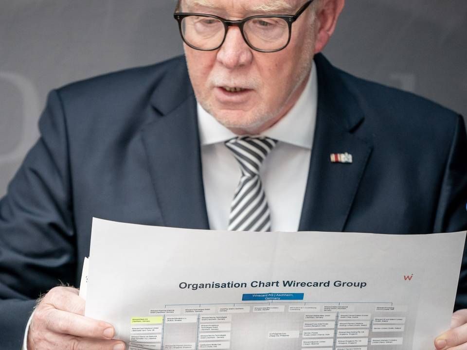 Hans Michelbach (CSU), Mitglied des Bundestags- Finanzausschusses, zeigt in einer Pause der Sitzung des Bundestags-Finanzausschusses zum Wirecard-Skandal ein Chart, welches das Firmengeflecht von Wirecard zeigen soll. | Foto: picture alliance/dpa | Michael Kappeler