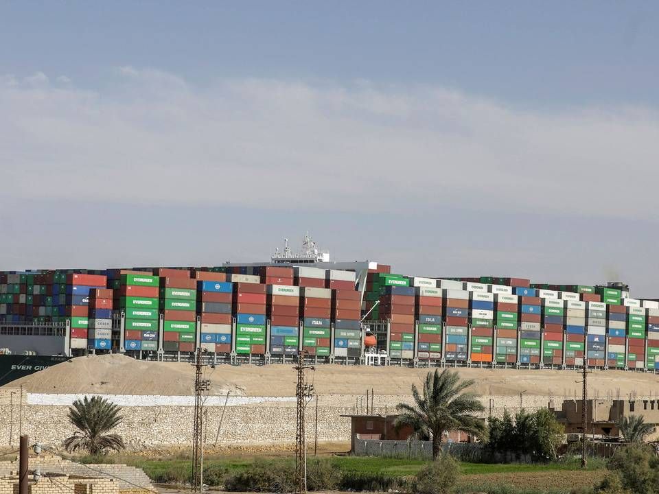 Megaskibet Ever Given efter at det blev trukket fri i Suez-kanalen 29. marts 2021. Mohamed Abd El Ghany/Reuters/Ritzau Scanpix