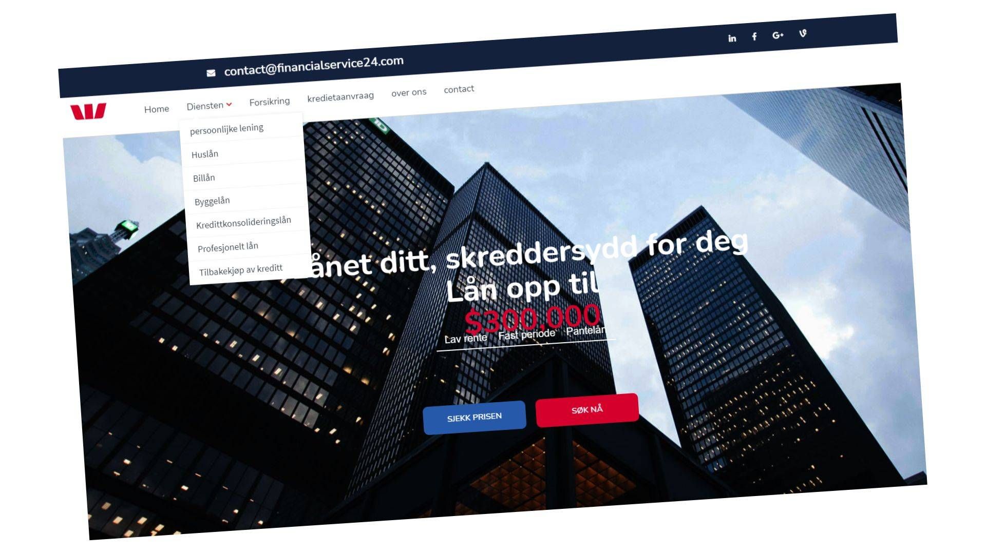 Nettsiden til Financialservice24 er et sammensurium av norsk og nederlandsk tekst. | Foto: Skjermbilde: Financialservice24.com