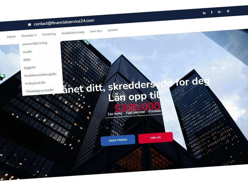 Nettsiden til Financialservice24 er et sammensurium av norsk og nederlandsk tekst. | Foto: Skjermbilde: Financialservice24.com