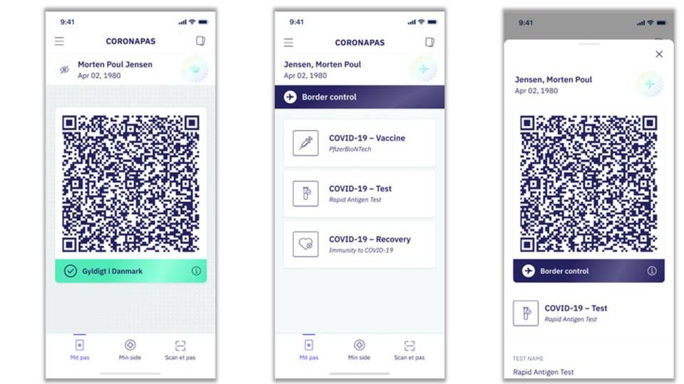 Sådan ser dele af den kommende coronapas-app ud. | Foto: Digitaliseringsstyrelsen/PR