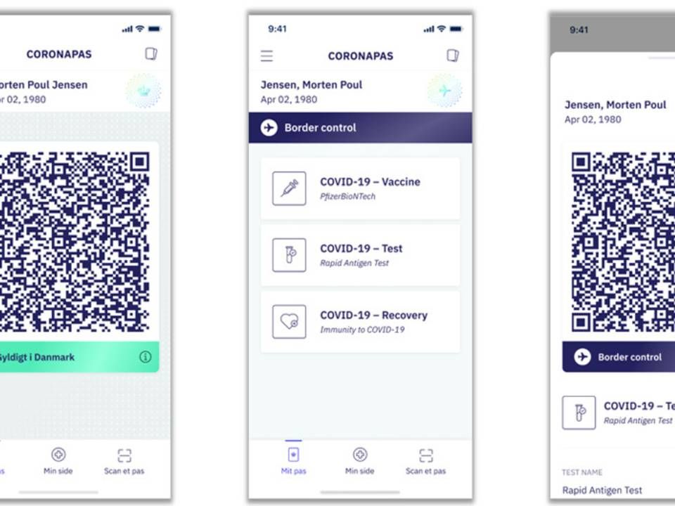 Sådan ser dele af den kommende coronapas-app ud. | Foto: Digitaliseringsstyrelsen/PR