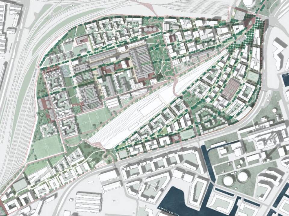 Arkitektfirmaet Cobes ide til, hvordan Jernbanebyen på Vesterbro kan udvikles. I øverste højre hjørnet skimtes butikscentret Fisketorvet. | Foto: PR / Cobe