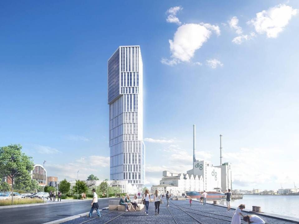 Højhuset på Mindet 6 skal efter planerne være 144 meter højt – et par meter højere end højhuset Lighthouse på Aarhus Ø. | Foto: PR-visualisering: C.F. Møller Architects