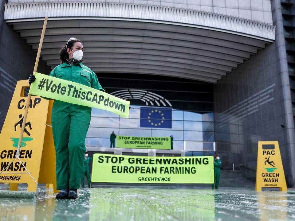 Demonstranter foran EU-Parlamentet i Bruxelles, hvor landbrugsreformen forhandles i disse dage. Den danske landbrugsminister mener,d et kan være svært at nå et kompromis i denne uge. | Foto: Kenzo Tribouillard/AFP/Ritzau Scanpix