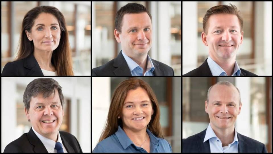 LEDERGRUPPEN: Deler av ledergruppen i Bank Norwegian, øverste rad: Tine Gottlob Wollebekk, Fredrik Mundal og Peer Timo Andersen-Ulven. I nederste rad: Tore Andresen, Klara-Lise Aasen og Karstein Holen | Foto: Norwegian Finance Holding