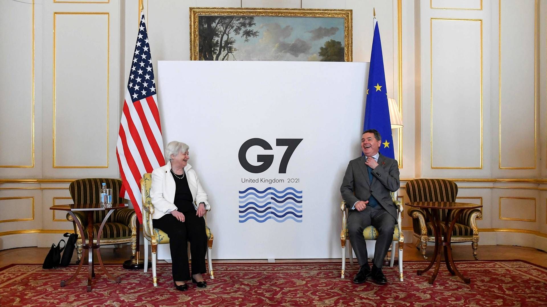 Her ses USA's finansminister, Janet Yellen (t.v.), ved sidste uges G7-finansministermøde i London, som går forud for denne uges møde med landenes ledere. | Foto: Alberto Pezzali/AFP / POOL