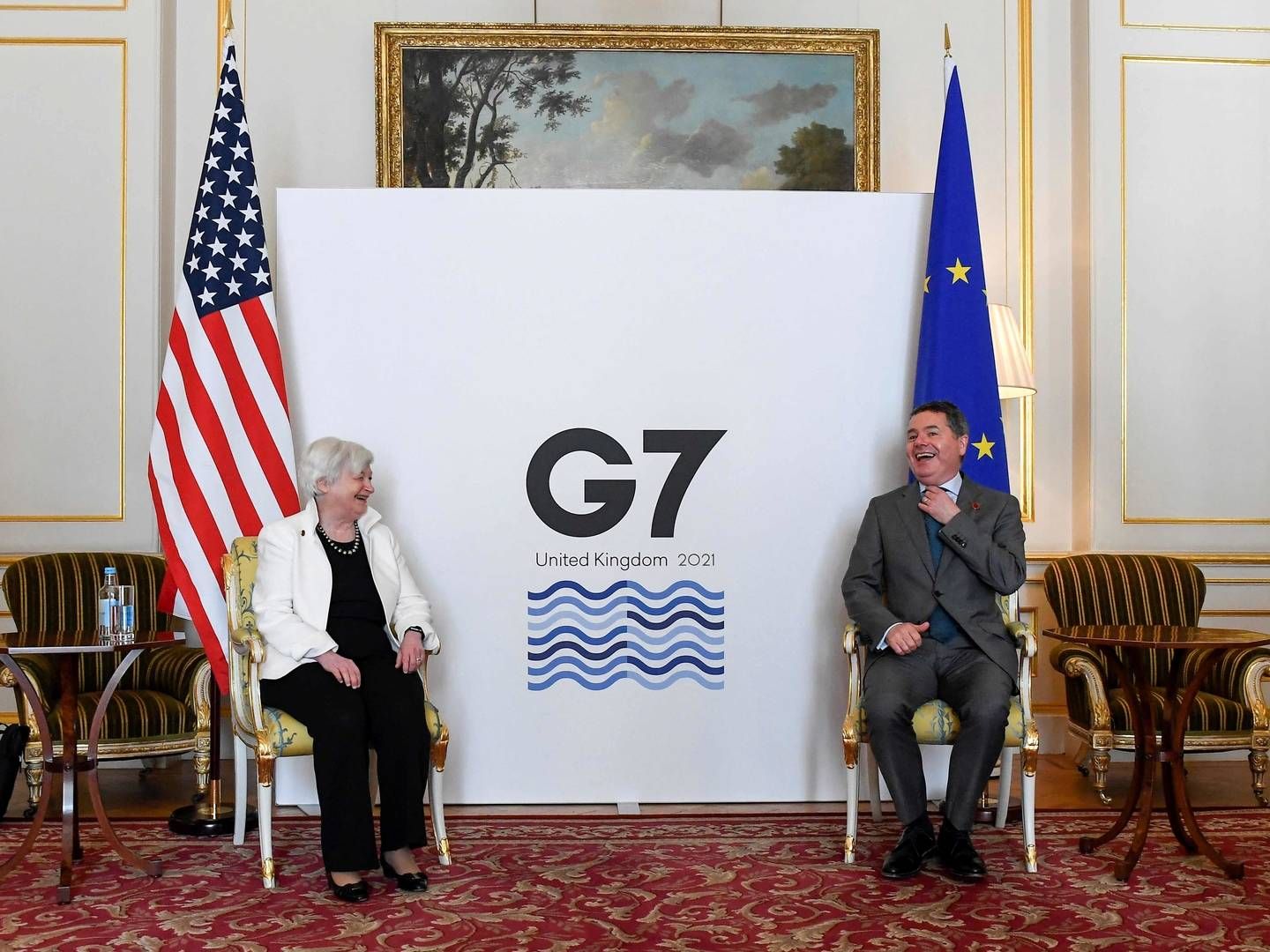 Her ses USA's finansminister, Janet Yellen (t.v.), ved sidste uges G7-finansministermøde i London, som går forud for denne uges møde med landenes ledere. | Foto: Alberto Pezzali/AFP / POOL