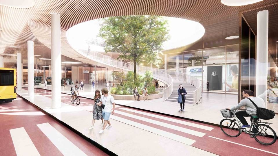Det kommende kvarter på Collstropgrunden skal anlægges i to plan med bl.a. dagligvarebutikker og busterminal nederst. | Foto: PR-visualisering / Werk