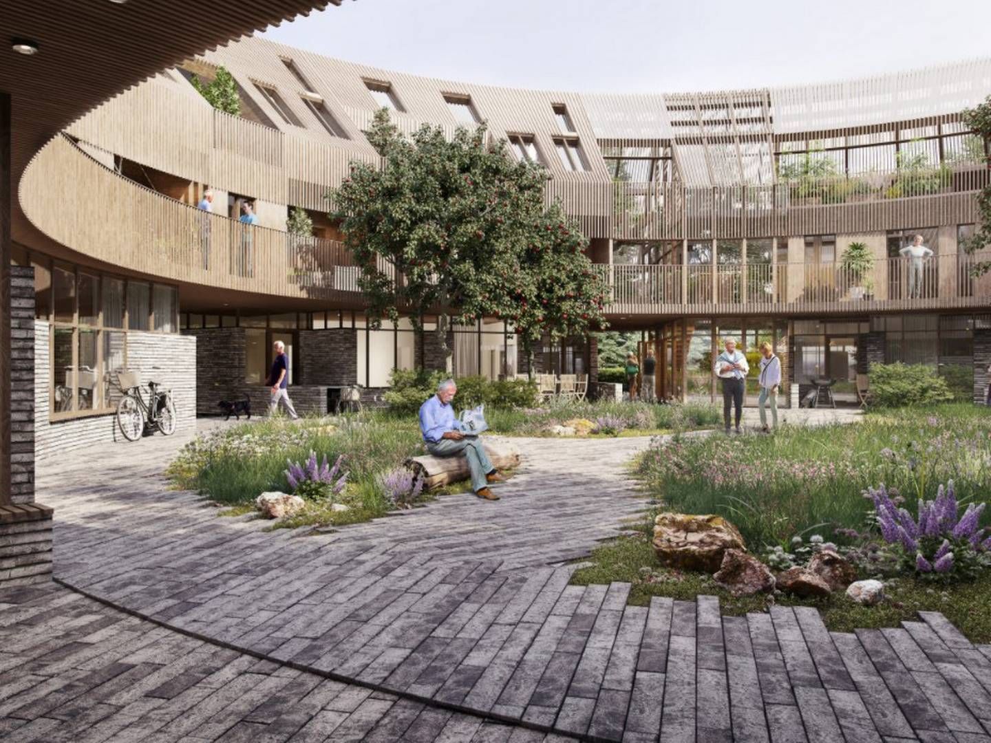 Almanakken er et mikrokosmos, hvor stueetagen forener landskabet og fællesskabet, og den øverste del skaber individuelle boliger med høj rumlig kvalitet. | Foto: PR-visualisering: Omega Render, Sweco Architects