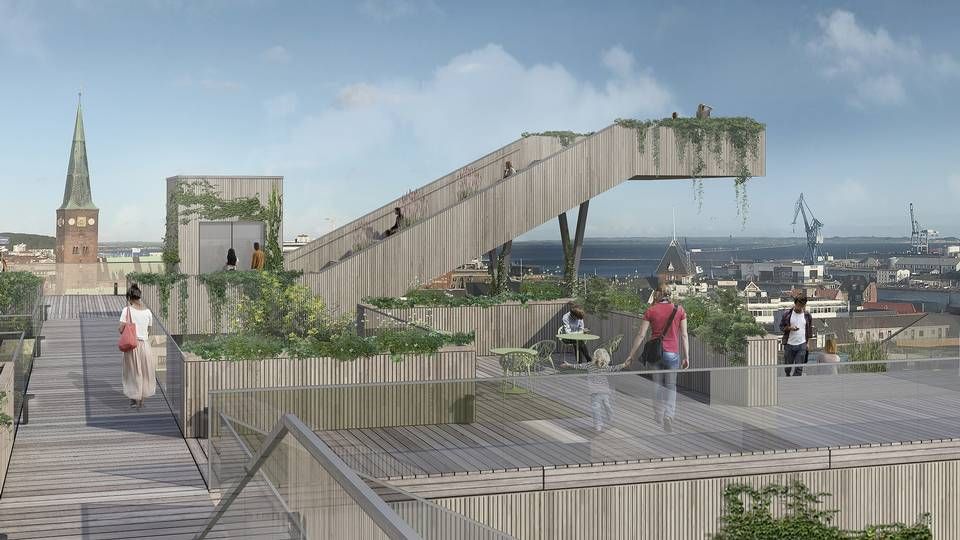 Der vil bl.a. bliver anlagt 15 meter høje træer i den kommende aarhusianske bypark på taget af Salling Stormagasin. | Foto: PR-visualisering