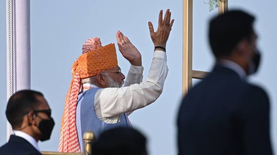 Indiens premierminister, Narendra Modi, holdt tale fra den historiske bygning, Det Røde Fort, i New Delhi, i anledning af landets uafhængighedsdag. | Foto: MONEY SHARMA/AFP / AFP