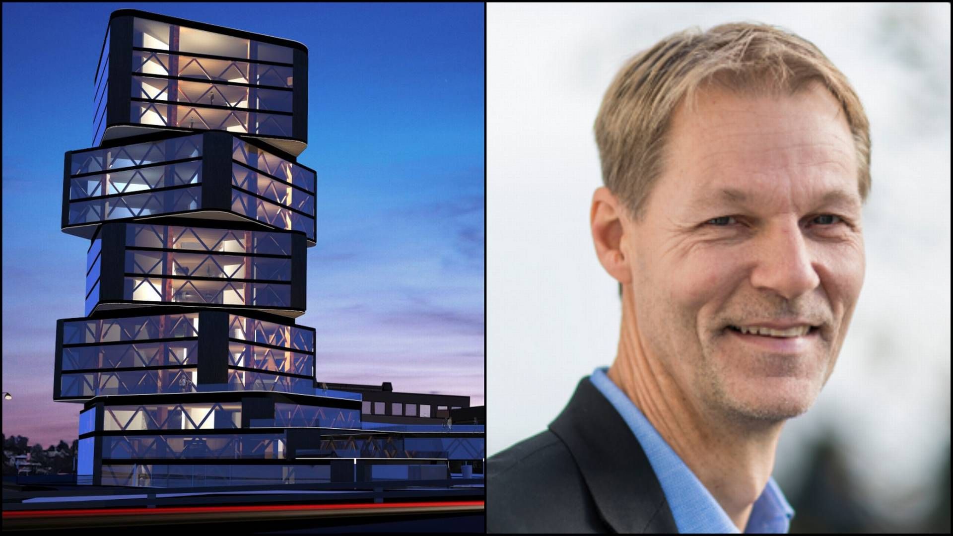 BYGGER HØYT: Mosvold & Co har fått med seg Strømme-stiftelsen og Harald Moræus-Hanssen, og skal bygge et 16 etasjers høyt signalbygg på den gamle Telenor-eiendommen på Kjøita. | Foto: Trollveg Arkitektur og Mosvold & Co