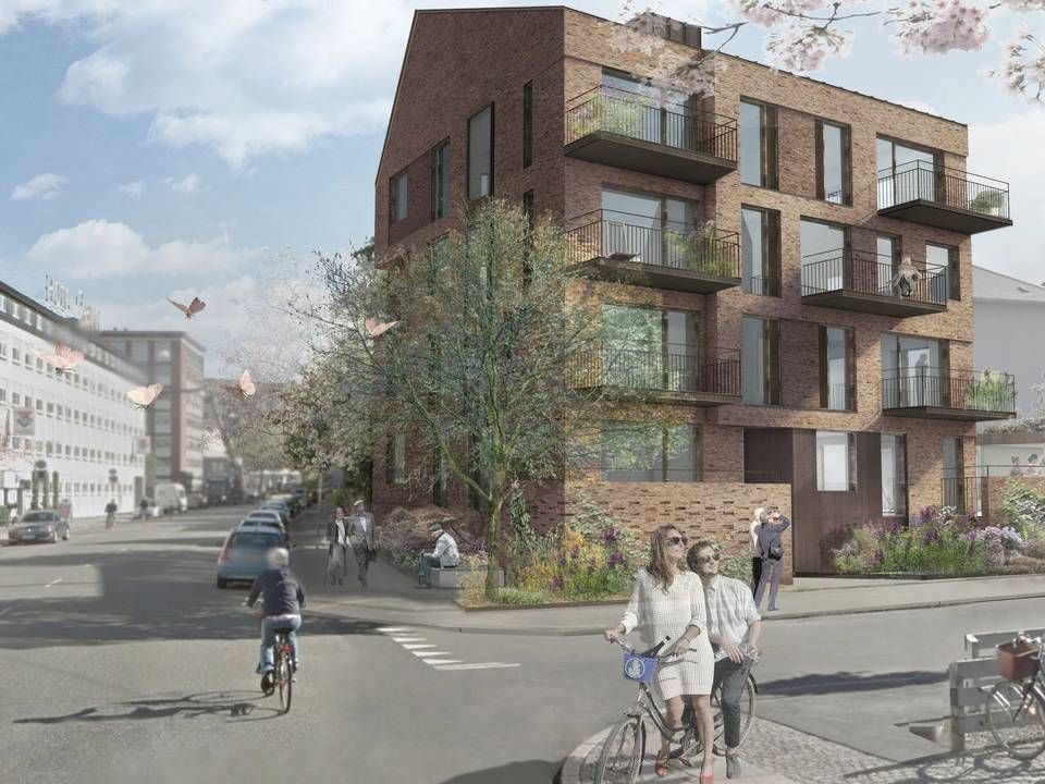 Den nyopførte boligejendom ligger på hjørnet af Martinsvej og Vodroffsvej på Frederiksberg. | Foto: PR-visualisering