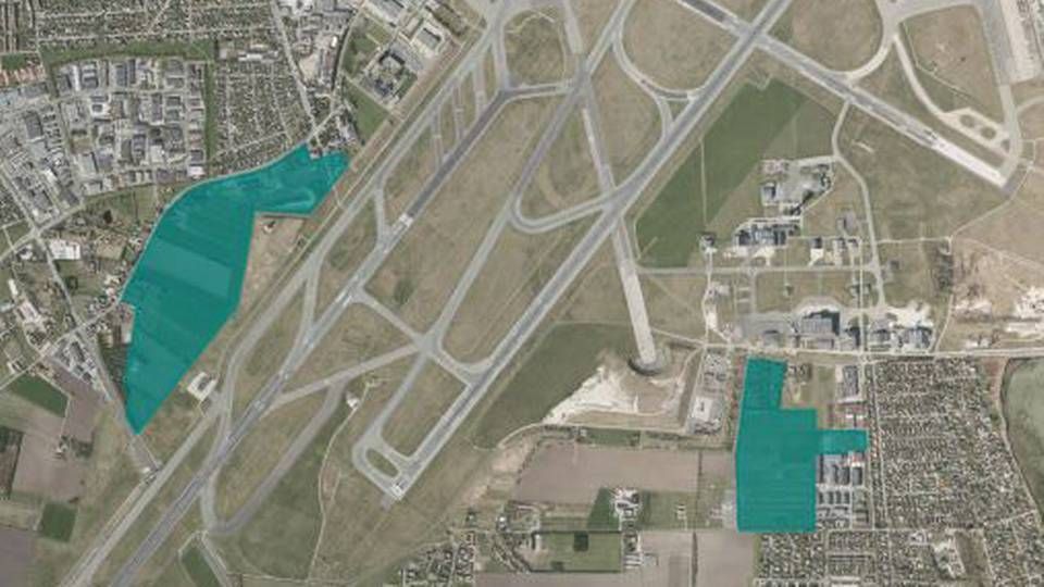De to potentielle erhvervsarealer (markeret med grønt) ligger på hver sin side af Københavns Lufthavn i hhv. Tårnby og Dragør Kommune. | Foto: Bolig- og Planstyrelsen