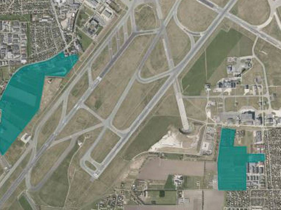 De to potentielle erhvervsarealer (markeret med grønt) ligger på hver sin side af Københavns Lufthavn i hhv. Tårnby og Dragør Kommune. | Foto: Bolig- og Planstyrelsen