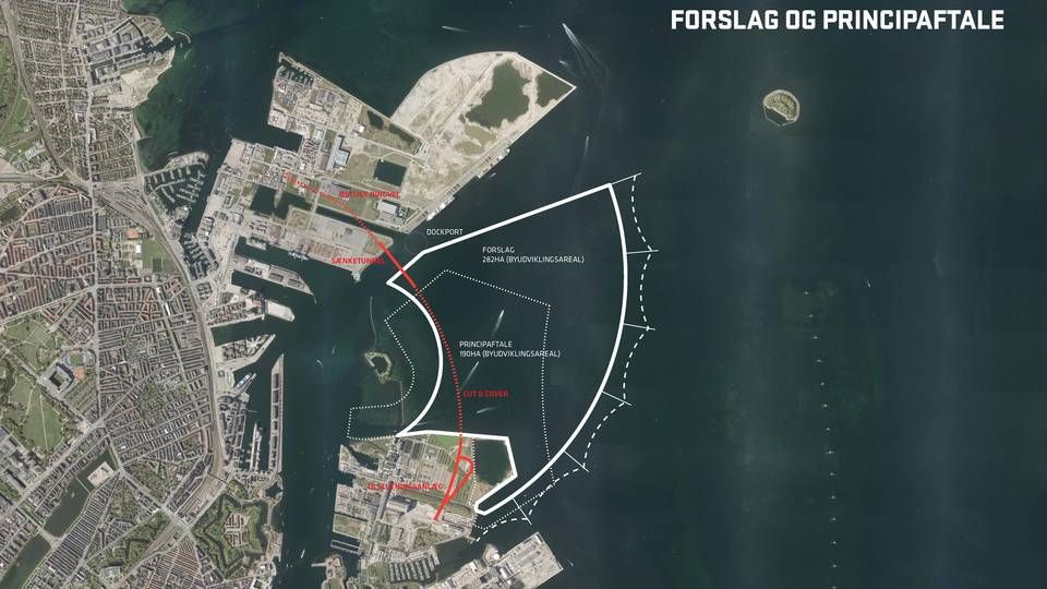 Lynetteholmen efter nyt forslag, der vil gøre øen næsten 100 hektar større, end der var lagt op til i principaftalen. | Foto: By & Havn