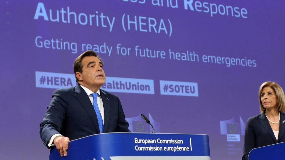 One of the European Commissions Vice-Presidents, Margaritis Schinas (left), presented the HERA proposal on Thursday, alongside with Commissioner for Health and Food Safety Stella Kyriakides and Commissioner for Internal Market Thierry Breton. | Photo: FRANCOIS WALSCHAERTS/AFP / AFP