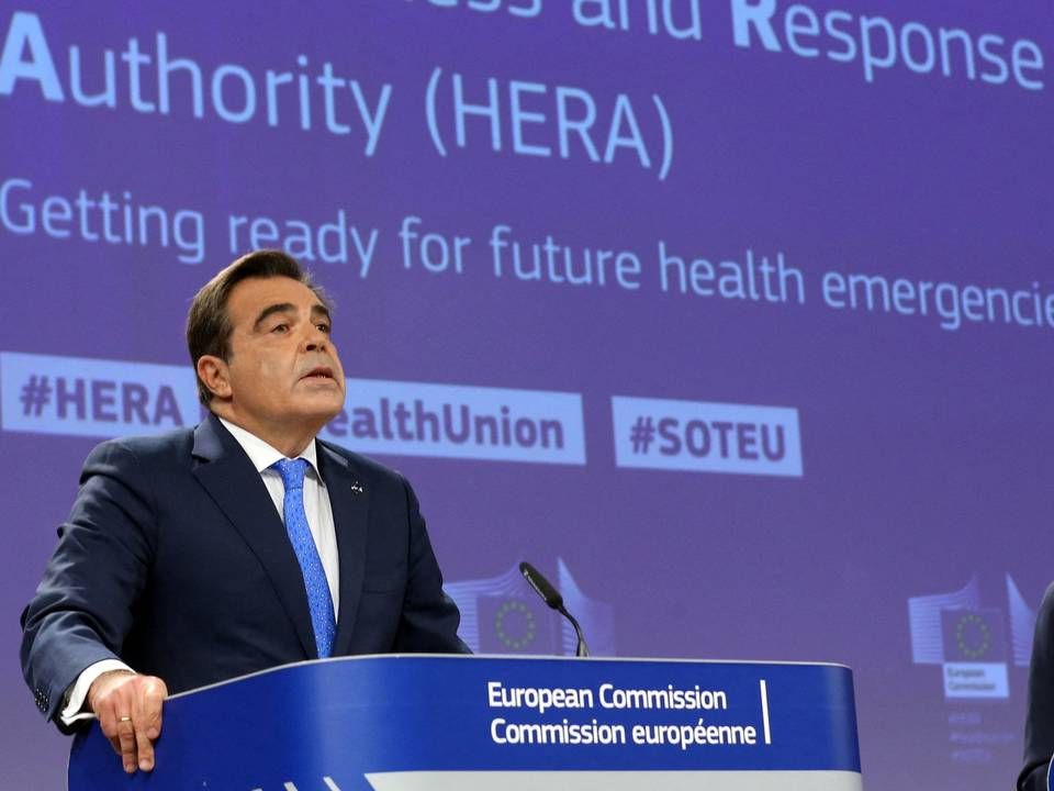 One of the European Commissions Vice-Presidents, Margaritis Schinas (left), presented the HERA proposal on Thursday, alongside with Commissioner for Health and Food Safety Stella Kyriakides and Commissioner for Internal Market Thierry Breton. | Photo: FRANCOIS WALSCHAERTS/AFP / AFP