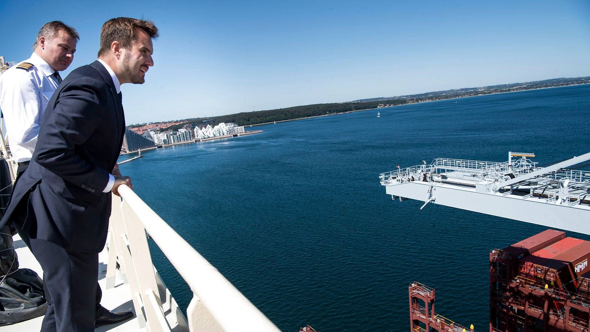 Erhvervsminister Simon Kollerup (S) ombord på Maersk-skib i Aarhus Havn i 2019. | Foto: Gorm Branderup/Gorm-Branderup.dk/Ritzau Scanpix