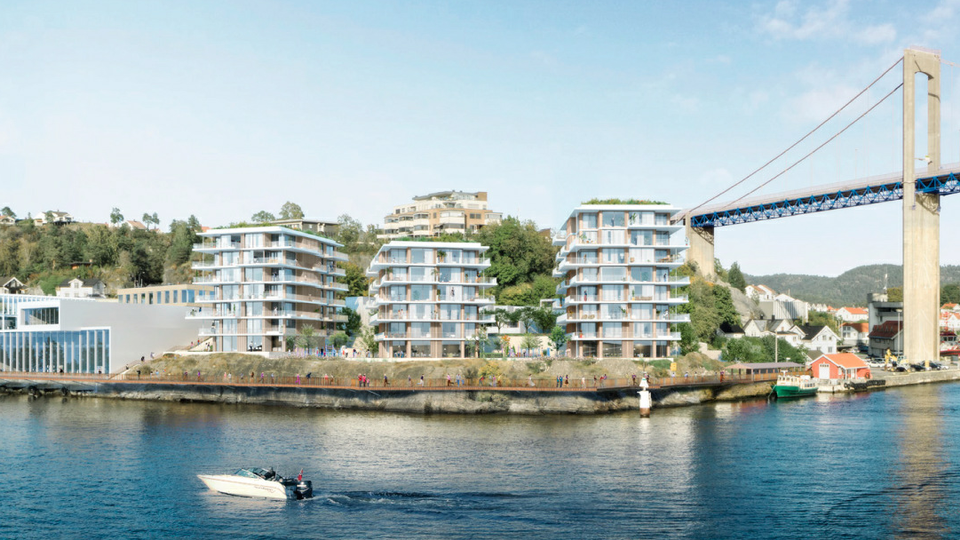SMÅBÅTHAVN: Planforslaget legger til rette for omtrent 100 nye boenheter i form av blokkbebyggelse og rekkehus, cirka 6900 kvadratmeter næringsareal , privat småbåthavn og torg/nærlekeplass. Bebyggelsen vil variere fra 3 til 8 etasjer. | Foto: Børve Borchsenius Arkitekter
