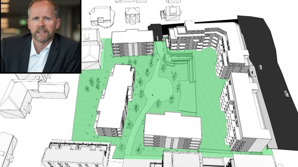 FØRSTE GANG: Nordr og konstituert konsernsjef Pål Aglen (innfelt) vil inn i drammensmarkedet. Her er en skisse av selskapets boligplaner på Øren, like ved Drammenselva. | Foto: Nordr / Halvorsen & Reine