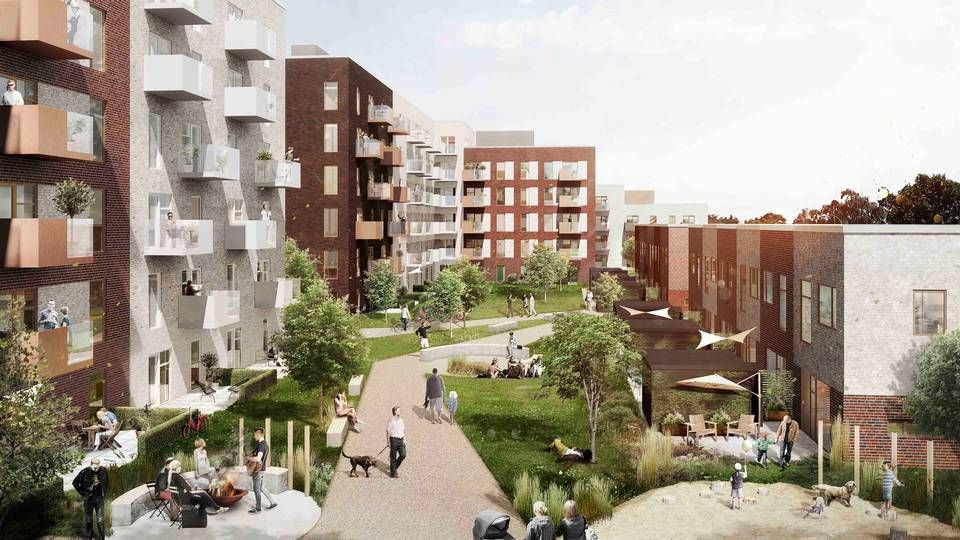 610 lejligheder på mellem to og fem værelser vil sammen med 57 rækkehuse og 700 p-pladser udgøre et nyt milliardstort ejendomsprojekt på grænsen mellem Brøndby og Glostrup. | Foto: PR-visualisering: Sweco Architects