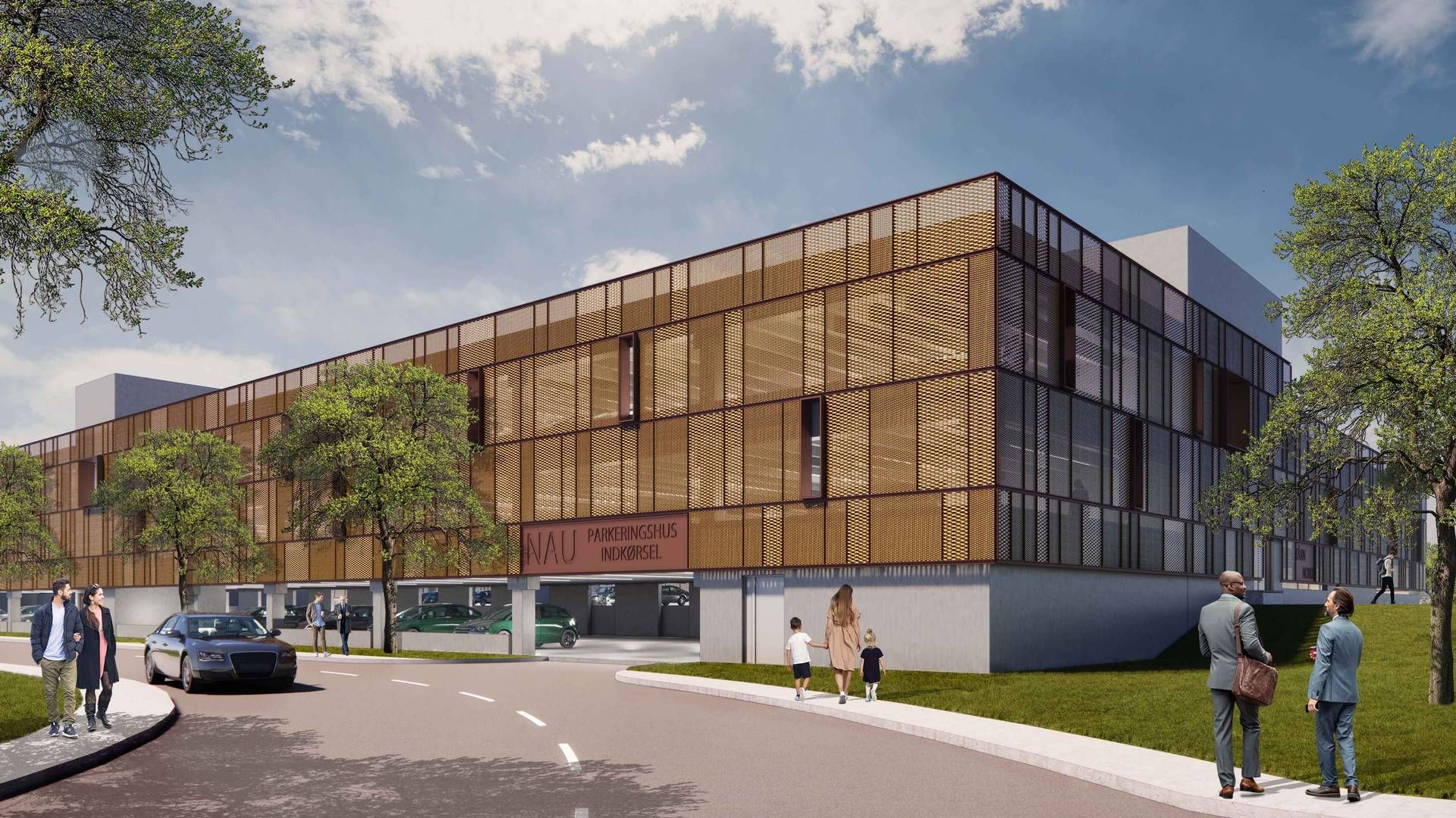 Det nye parkeringshus bliver placeret tæt på hospitalets hovedindgang. | Foto: PR-visualisering / Link Arkitektur